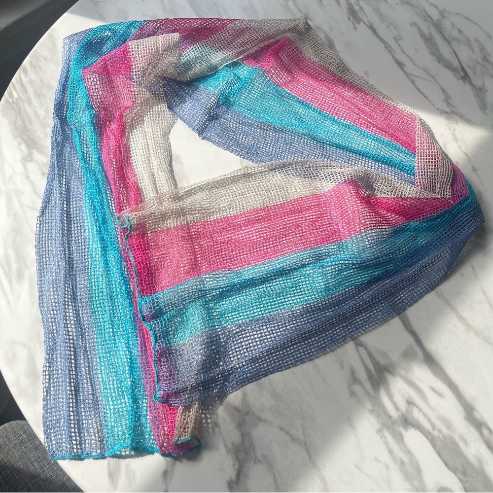 Vintage Accessory Street ITALY Mesh Striped Knit Scarf in blue purple pink VTG